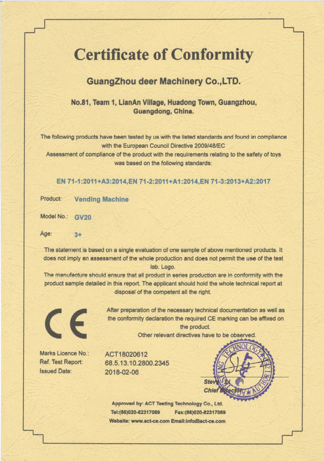 China Guangzhou Deer Machinery Co., Ltd. Certification